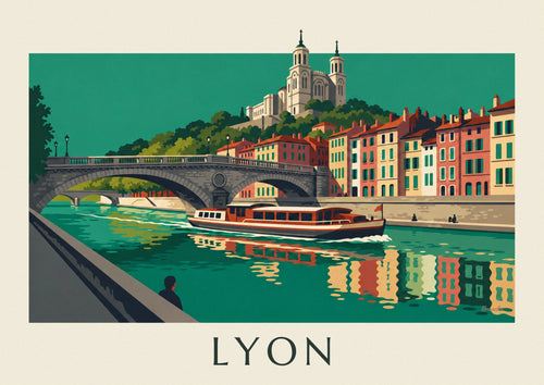 Affiche bateau sous un pont de la Saône et Vieux Lyon : l'affiche entière