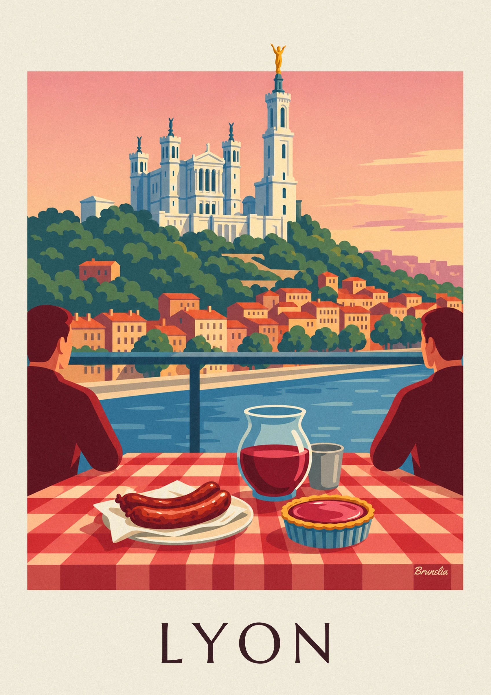 The Fourvière basilica with its pale towers, above the trees beneath a pink sky
