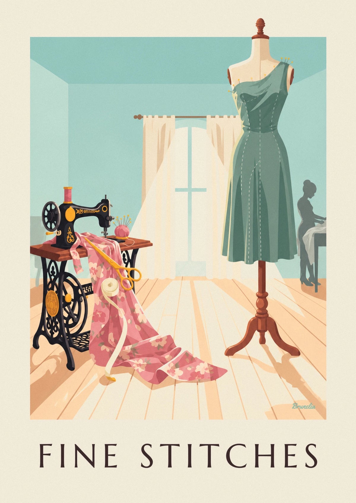 Affiche machine à coudre devant la fenêtre de l'atelier