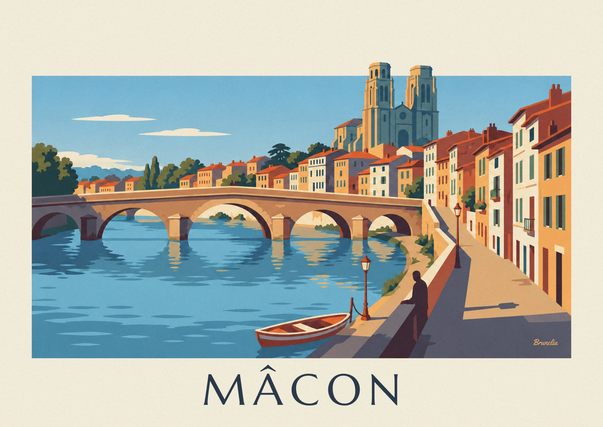 Affiche pont Saint-Laurent et façades ocre à Mâcon