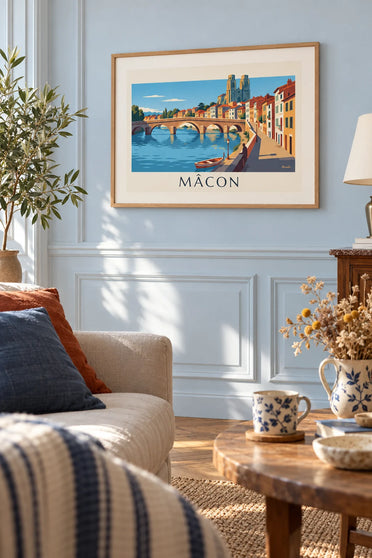 Affiche pont Saint-Laurent et façades ocre à Mâcon : encadrée au mur