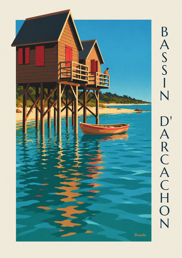 Póster das cabanas tchanquées da bacia de Arcachon ao entardecer
