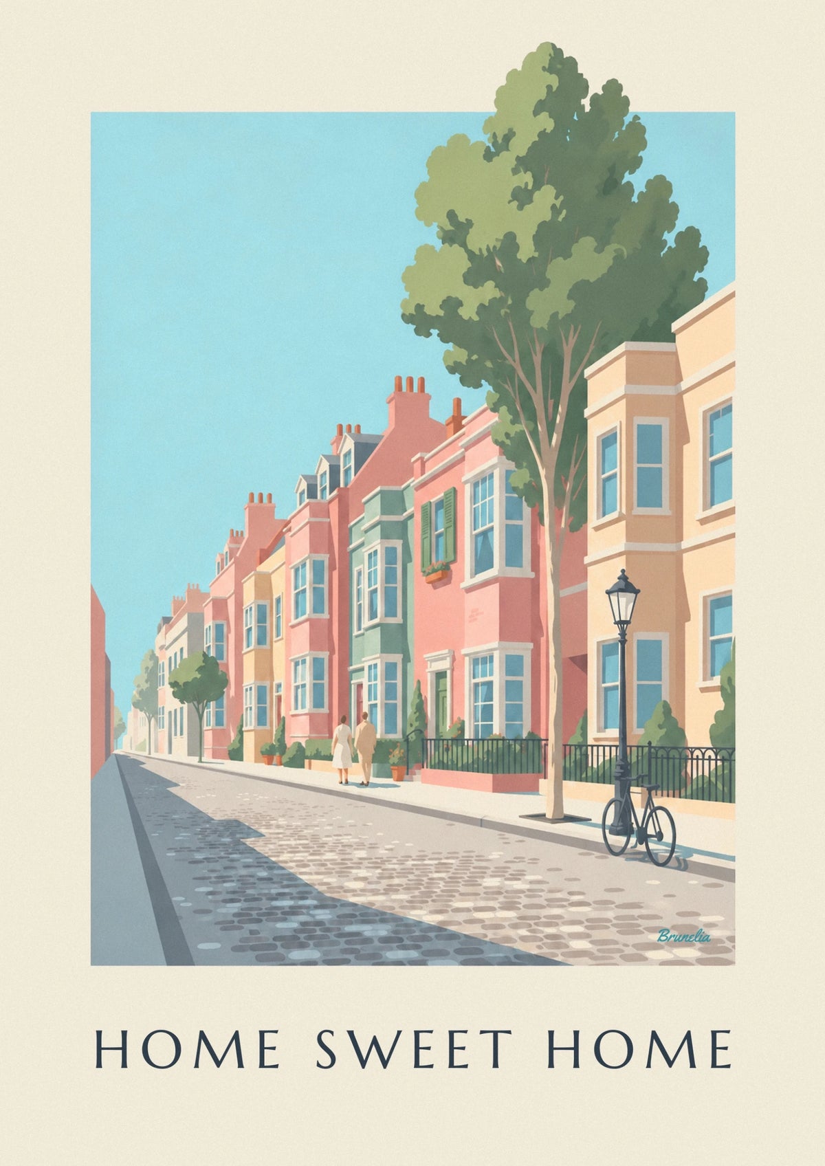 Affiche rue de maisons de ville colorées et jardinets