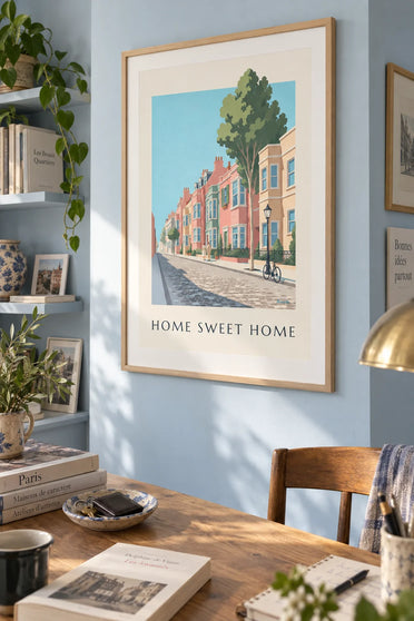 Affiche rue de maisons de ville colorées et jardinets : encadrée au mur