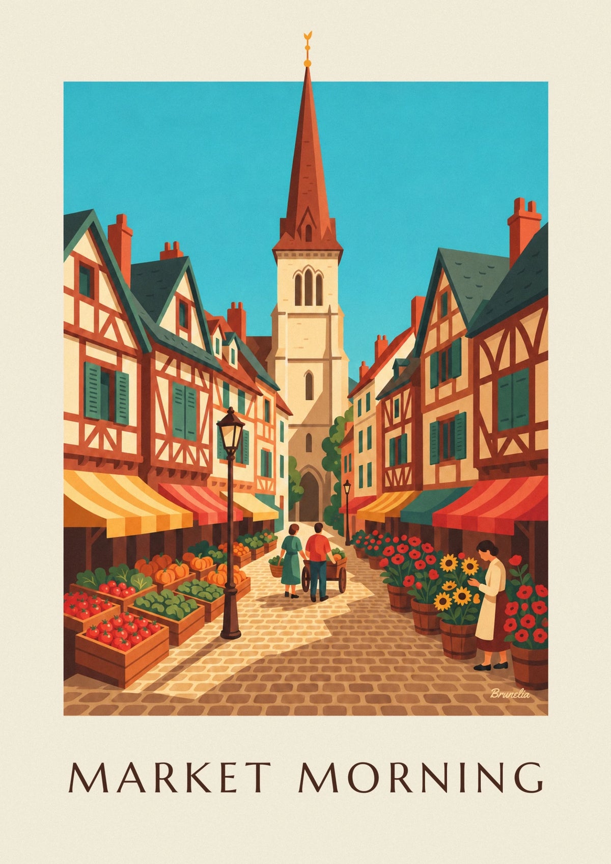 Affiche marché paysan et maisons à colombages