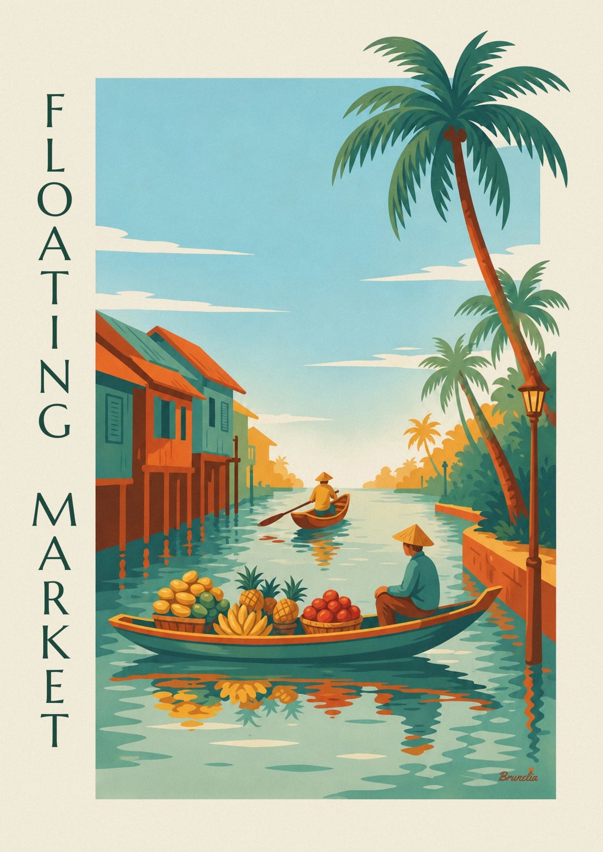 Affiche marché flottant tropical et bateaux chargés de fruits