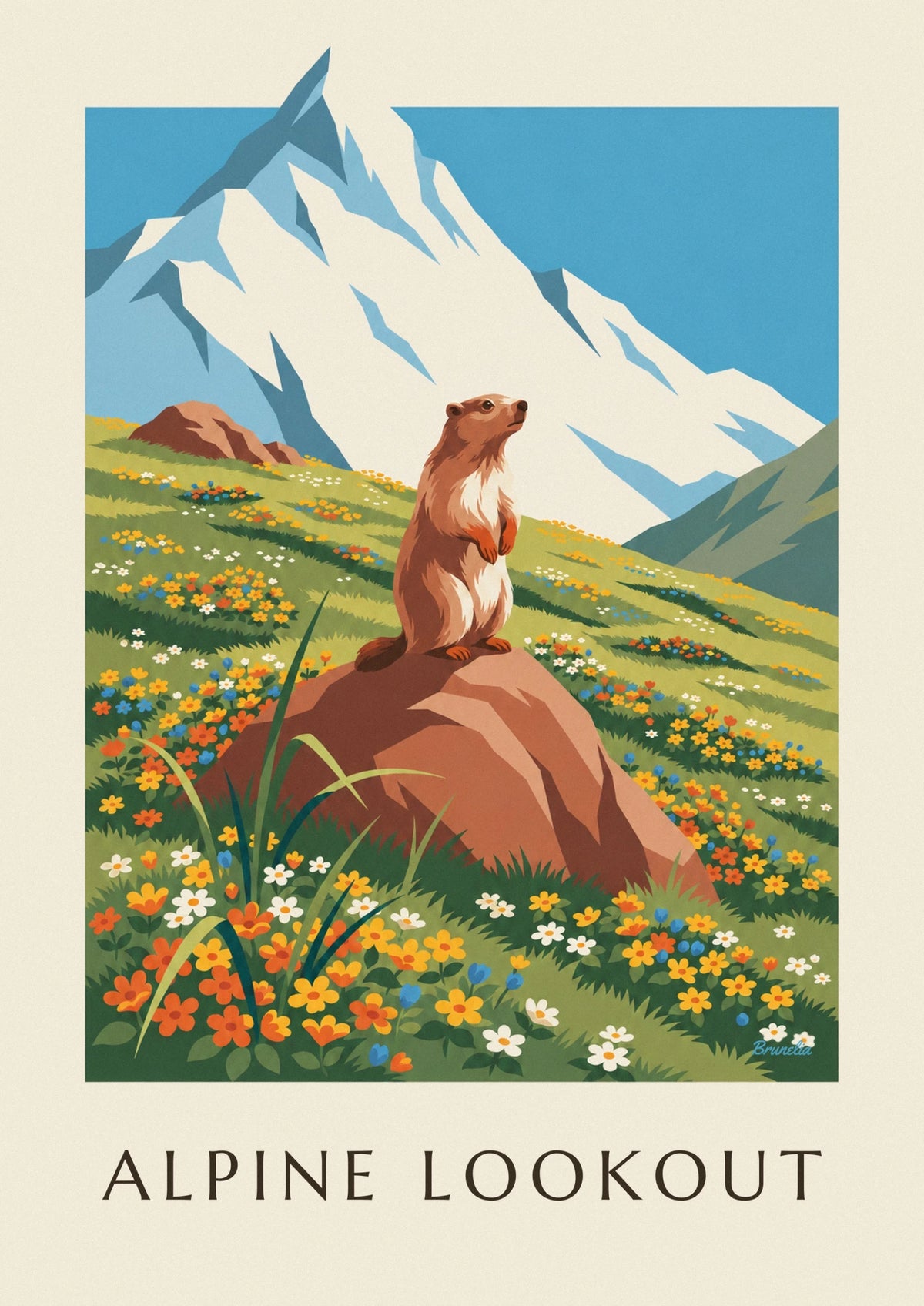 Affiche marmotte et paysage des Alpes en fleurs