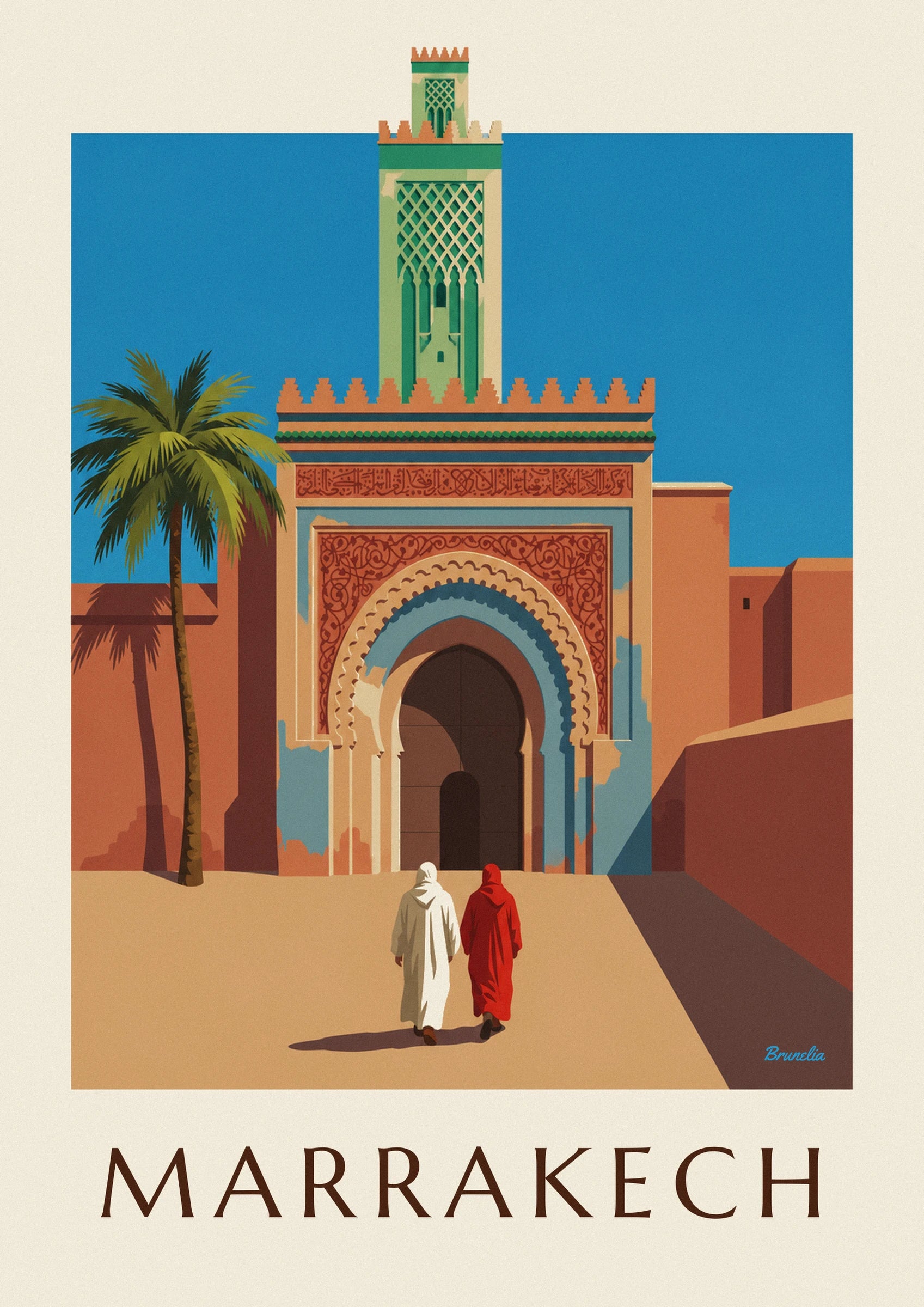 The arch of Bab Agnaou with ochre and red ornamentation, edged in turquoise blue