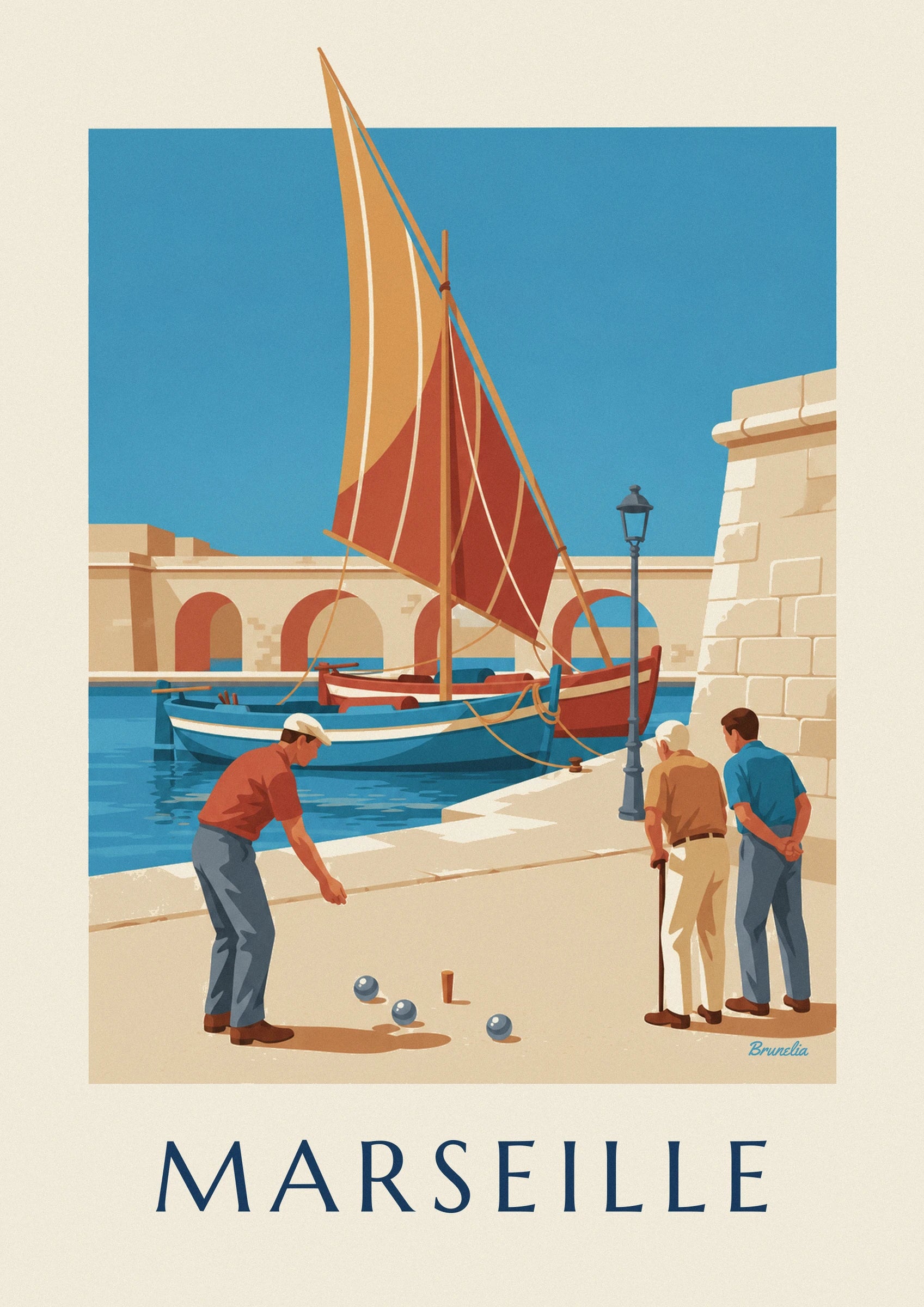 The player in a red shirt, his 3 boules and the jack in front of the harbour boats