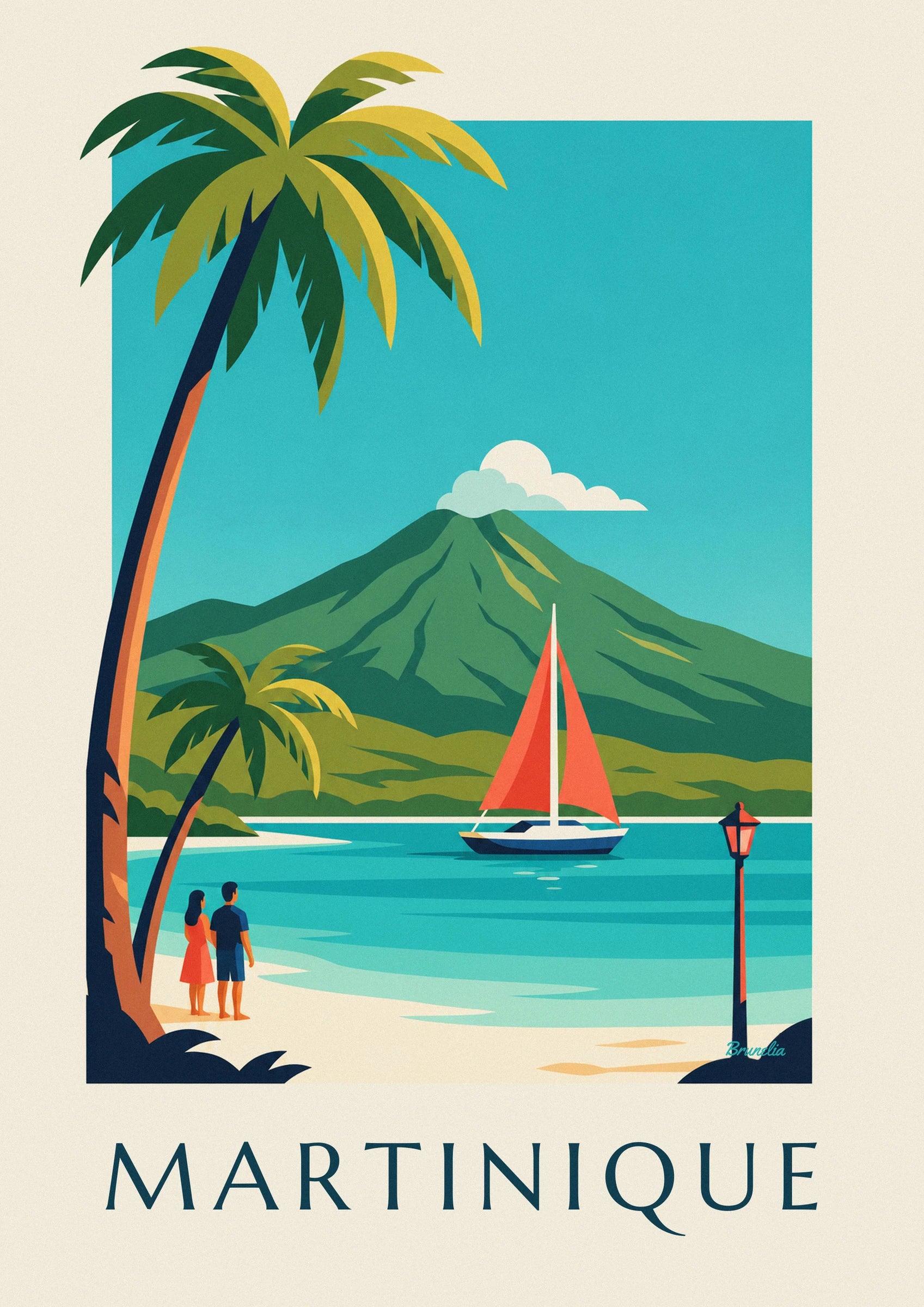 The sailing boat with coral sails on turquoise water, in front of the green hills