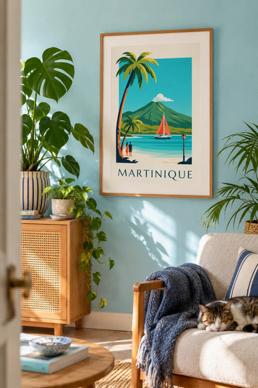 Affiche voilier dans une anse de Martinique et montagne Pelée : encadrée au mur
