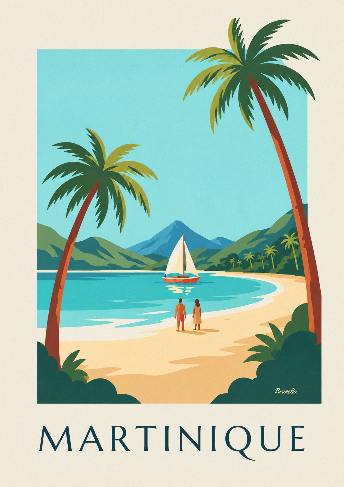 Affiche voilier dans une anse de Martinique et montagne Pelée