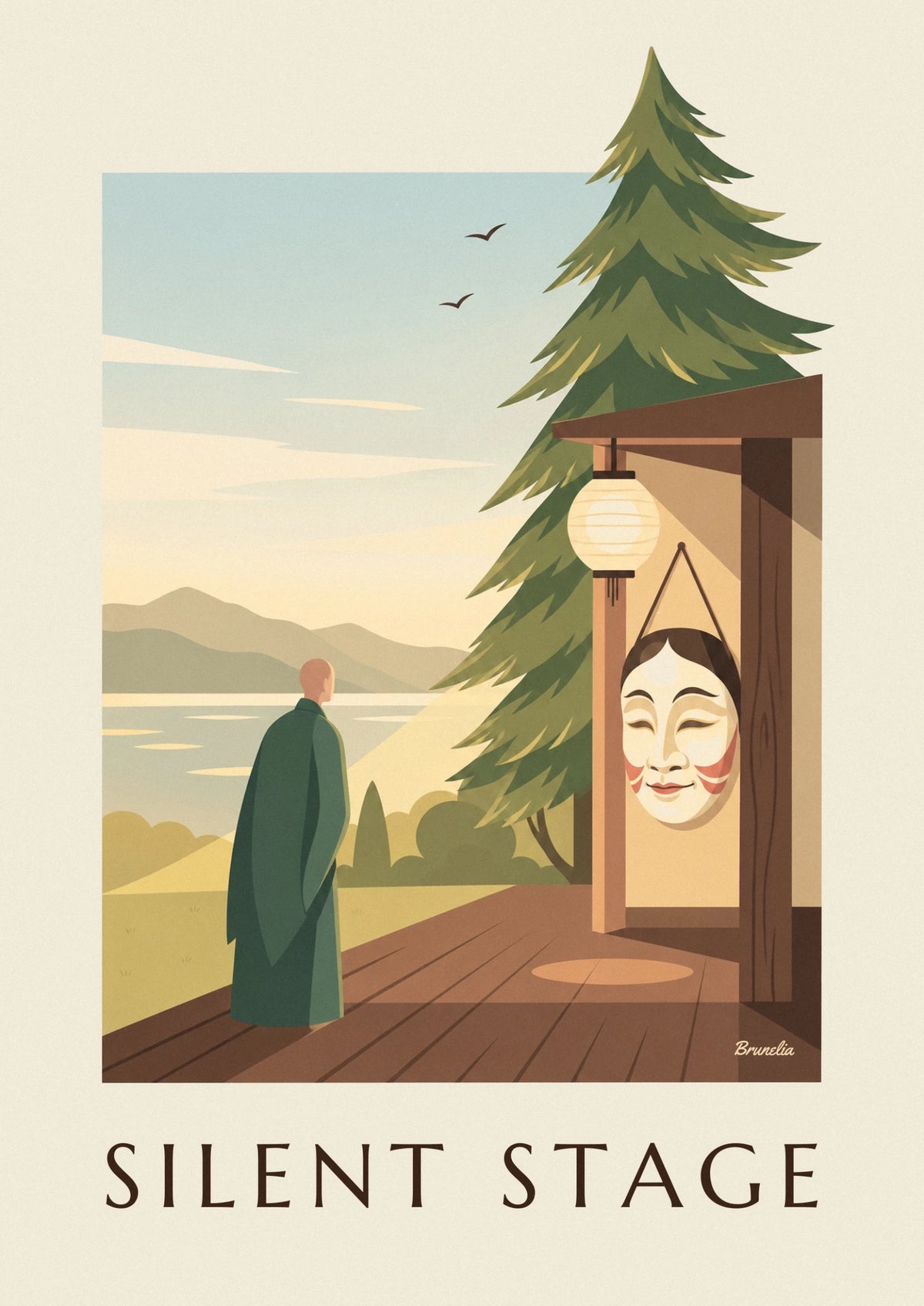 Affiche masque du théâtre Nô japonais sur un pilier de scène