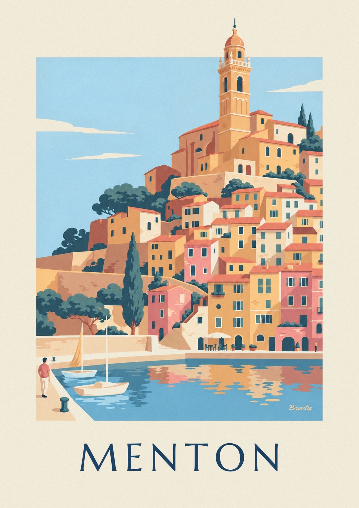 Affiche vieille ville de Menton et basilique Saint-Michel