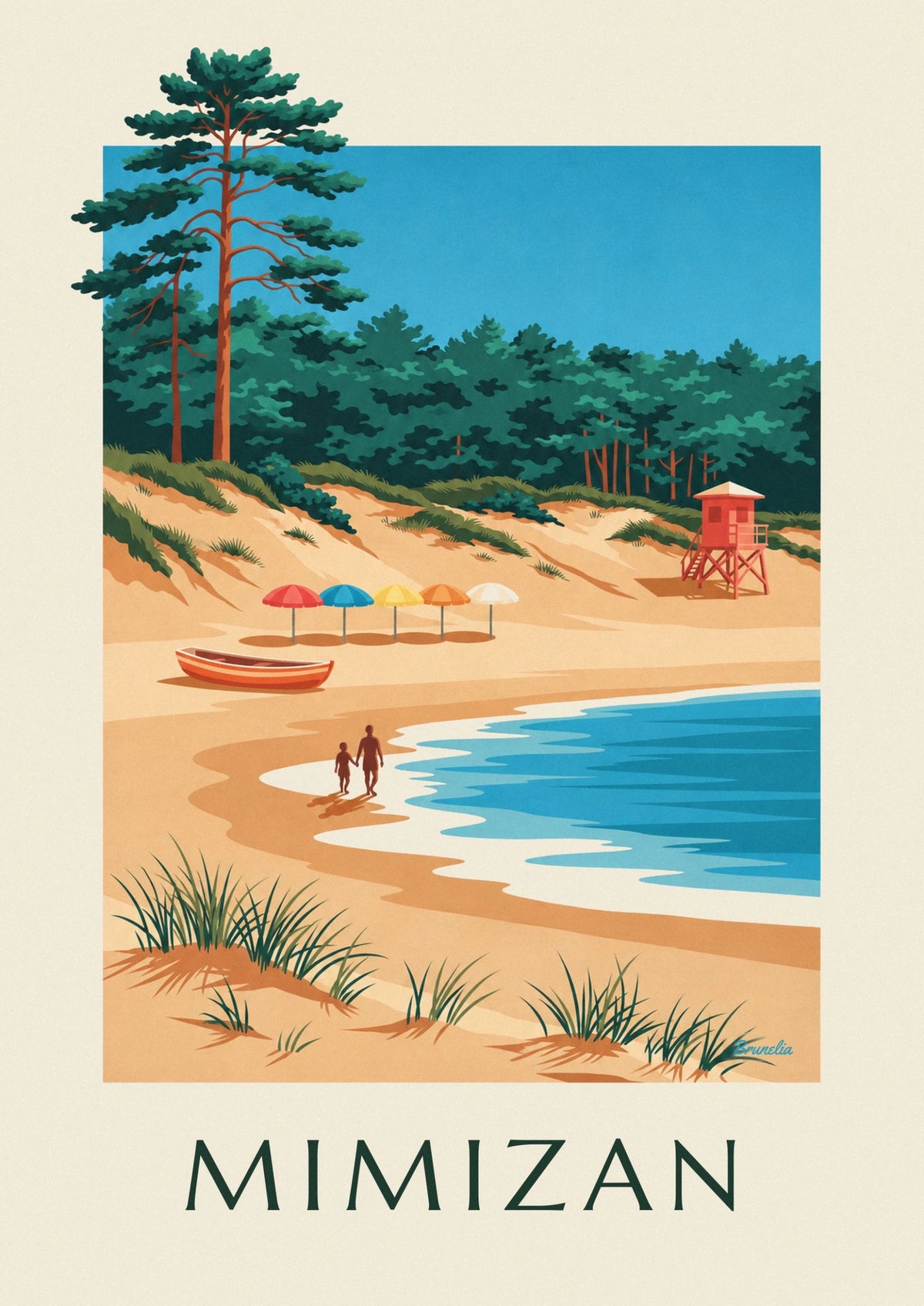Affiche parasols colorés et forêt de pins à Mimizan