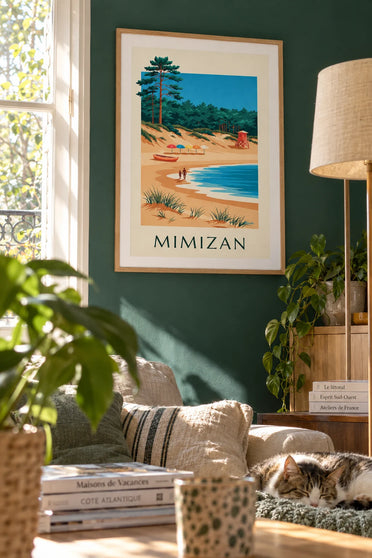 Affiche parasols colorés et forêt de pins à Mimizan : encadrée au mur
