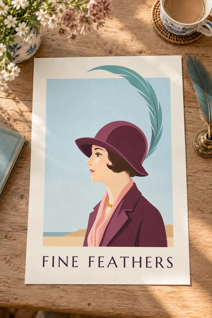 Affiche femme élégante au chapeau à longue plume : posée sur une table