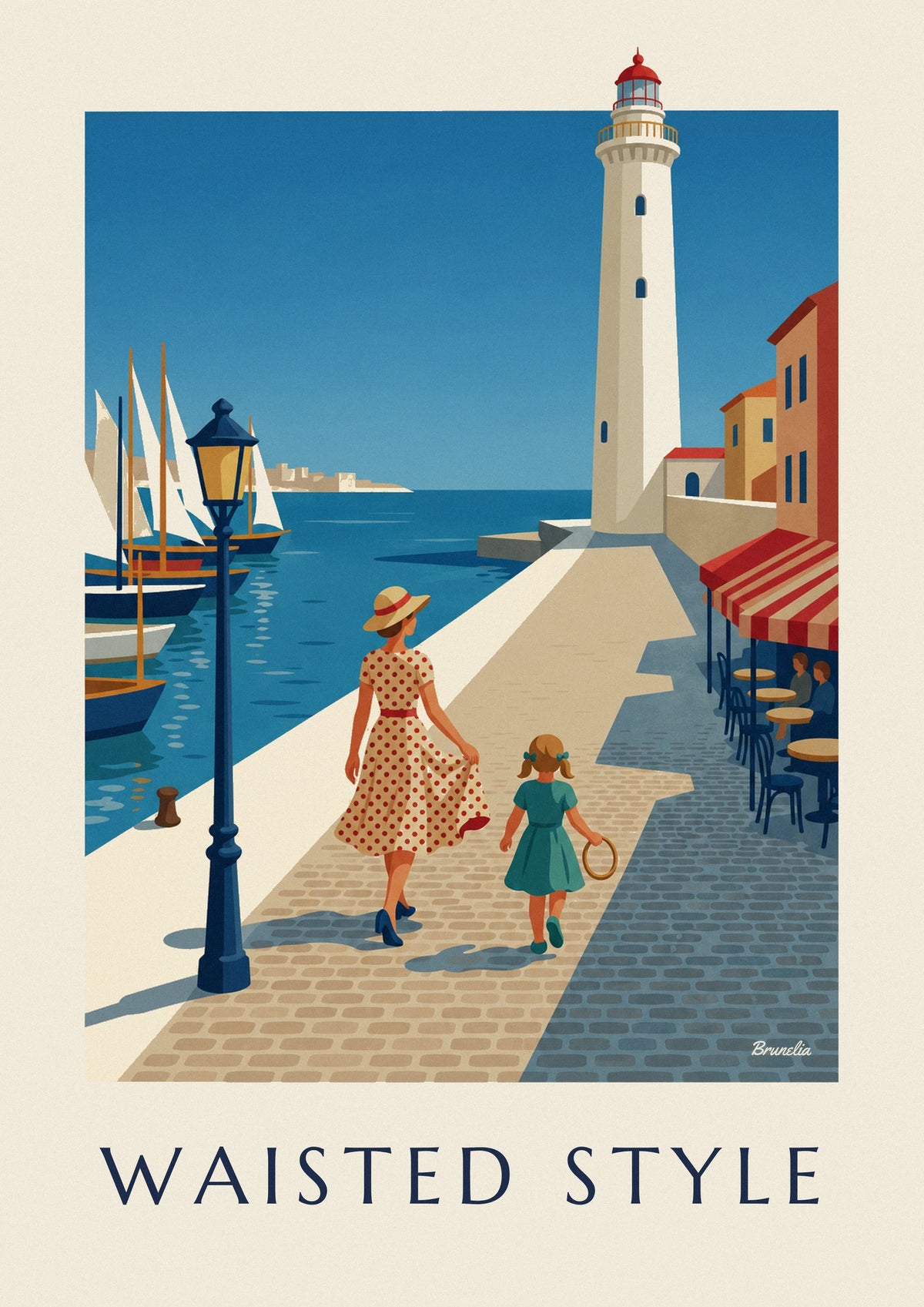 Affiche femme en robe cintrée sur un quai de port