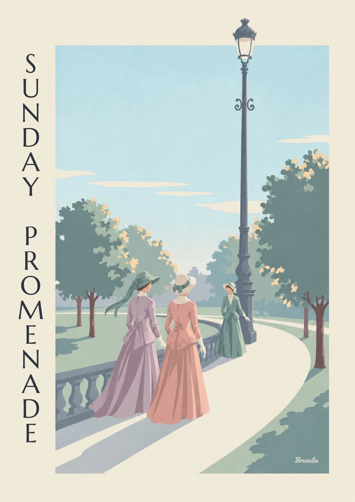 Affiche dames en robes longues en promenade dans un parc