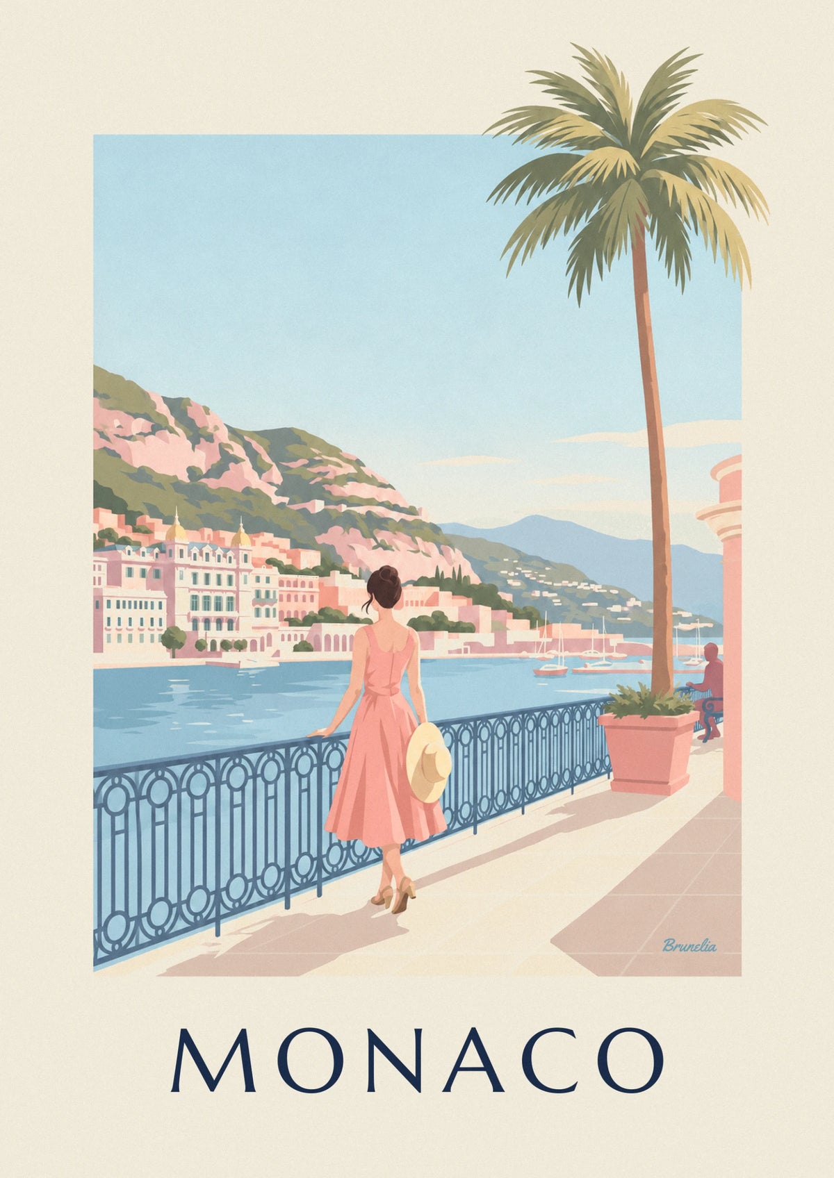 Affiche femme élégante face au port de Monte-Carlo à Monaco