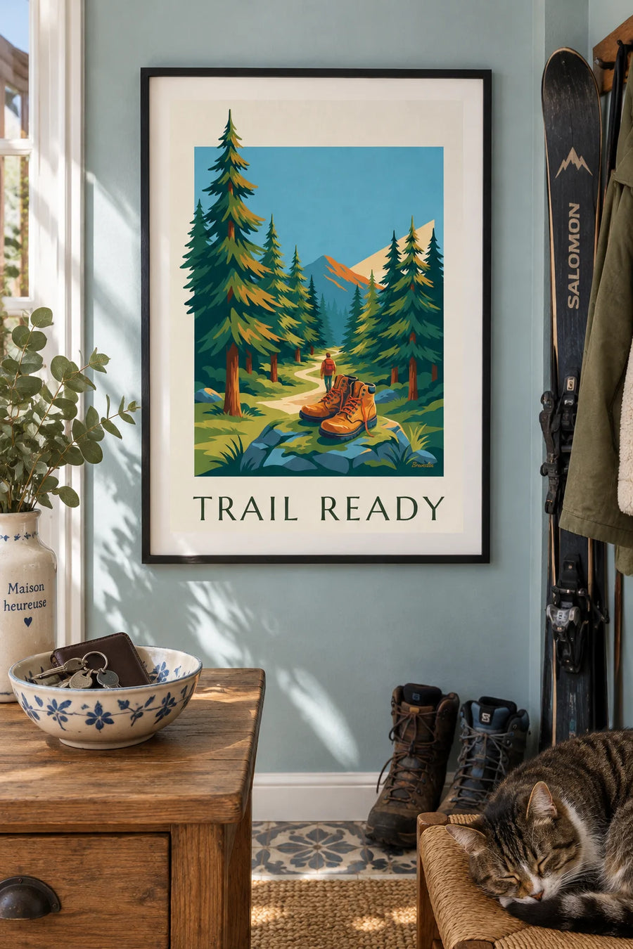 Affiche chaussures de randonnée sur un sentier de forêt en montagne : encadrée au mur