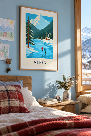 Affiche vaches fleuries au bord d'un lac des Alpes en automne : encadrée au mur