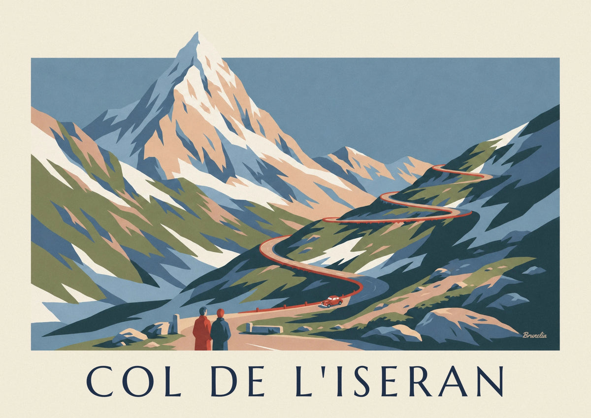 Affiche col de l’Iseran et sa route de montagne en lacets