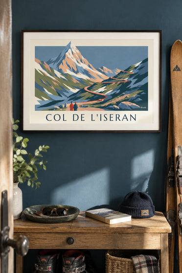 Affiche col de l’Iseran et sa route de montagne en lacets : encadrée au mur