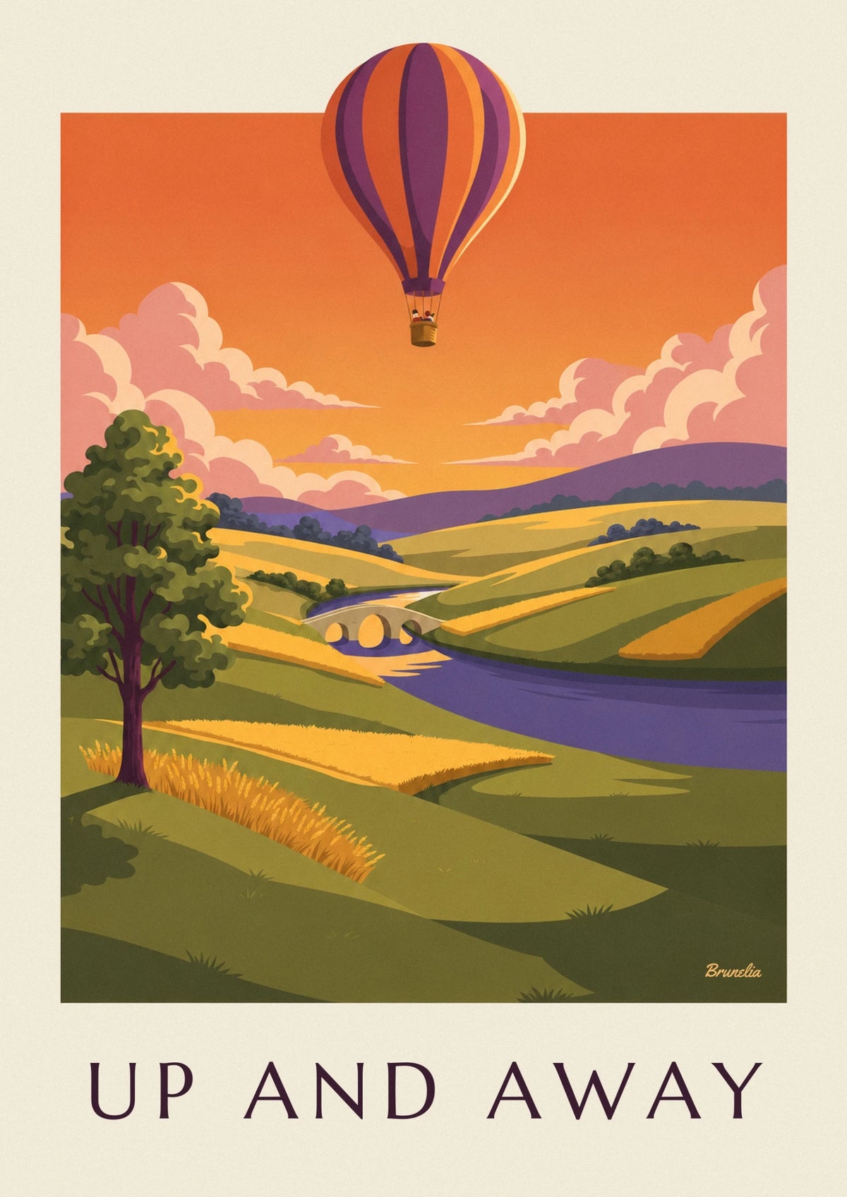 Affiche montgolfière rayée au-dessus des champs au coucher du soleil
