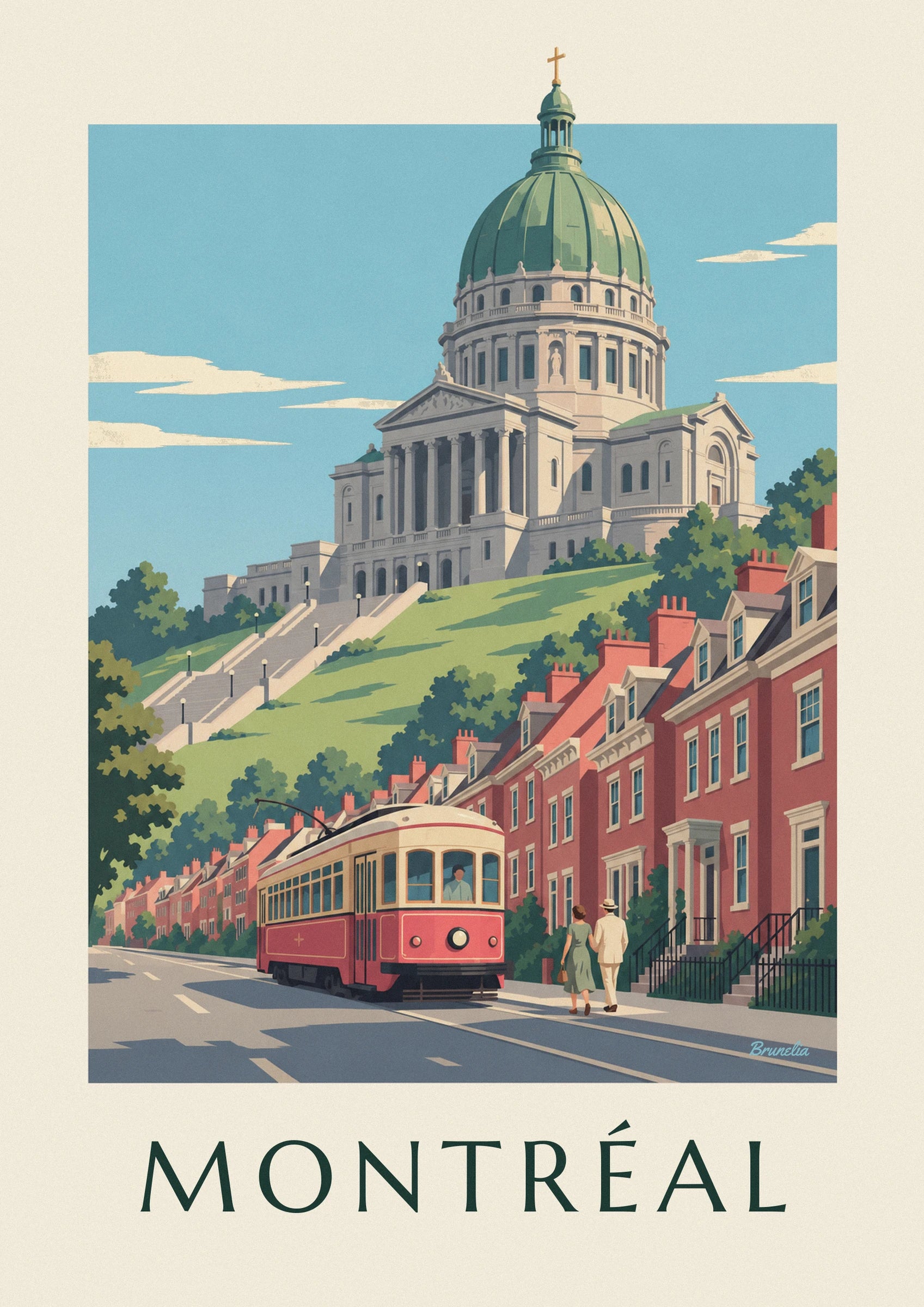The red and cream tram, its driver and the houses with steep roofs