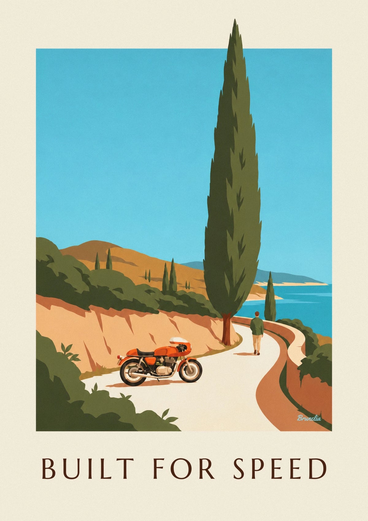 Affiche moto café racer orange sur une route côtière