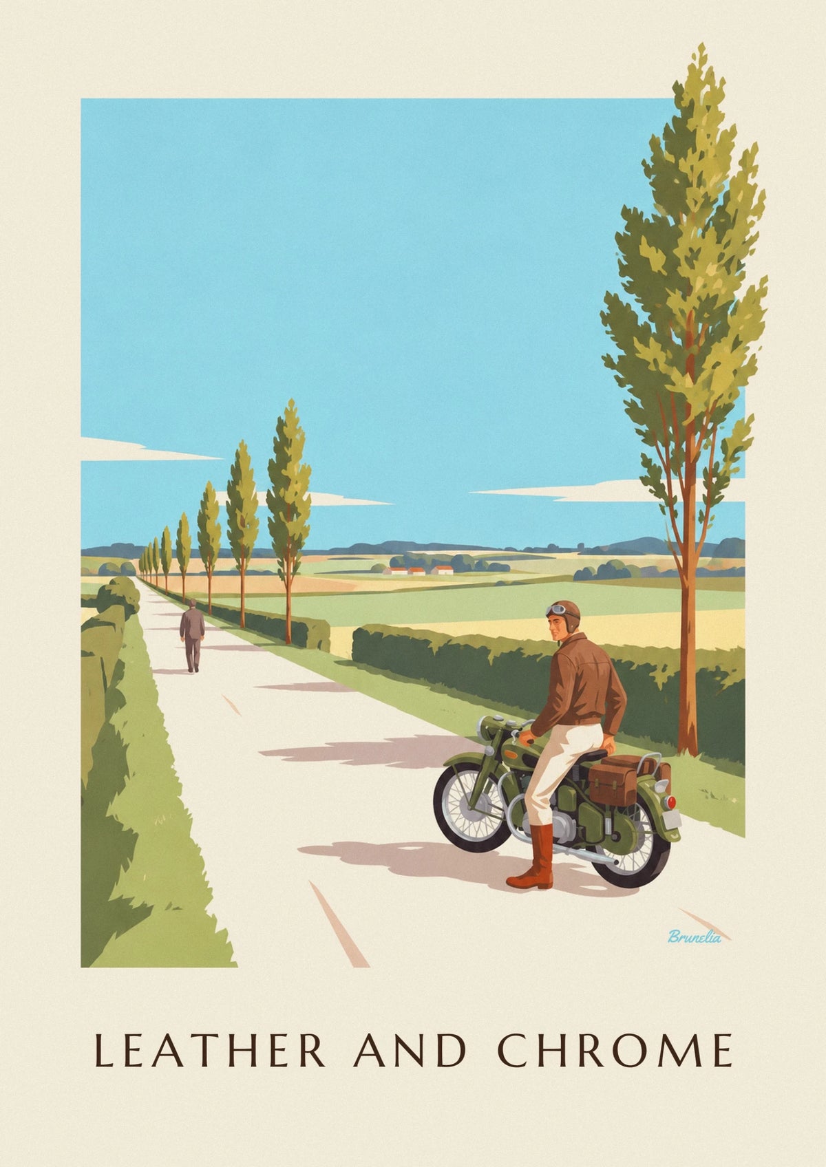 Affiche motard en blouson de cuir et lunettes d’aviateur