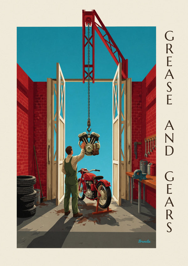Affiche moto classique dans un atelier de mécanique en brique