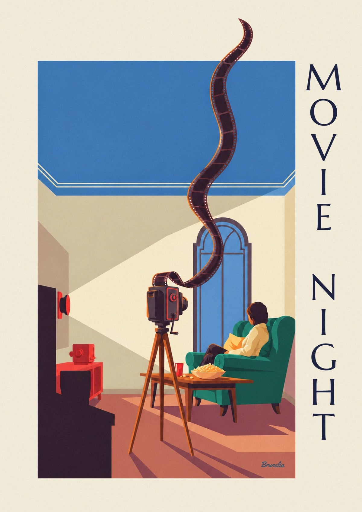 Affiche soirée cinéma, caméra et pellicule déroulée au salon