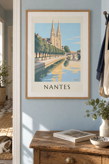 Affiche cathédrale de Nantes et pont sur la Loire : encadrée au mur