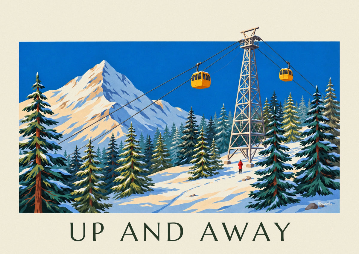 Affiche télécabines jaunes au-dessus des sapins enneigés