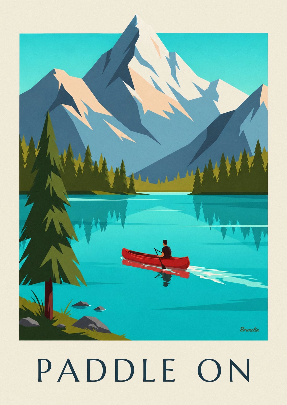 Affiche canoë sur un lac alpin et montagnes enneigées