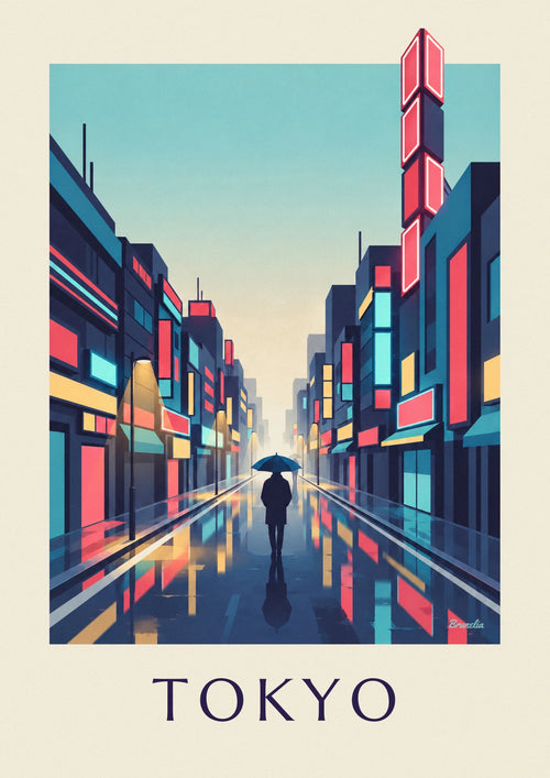 Affiche nuit de pluie et néons dans le quartier de Shinjuku à Tokyo : l'affiche entière