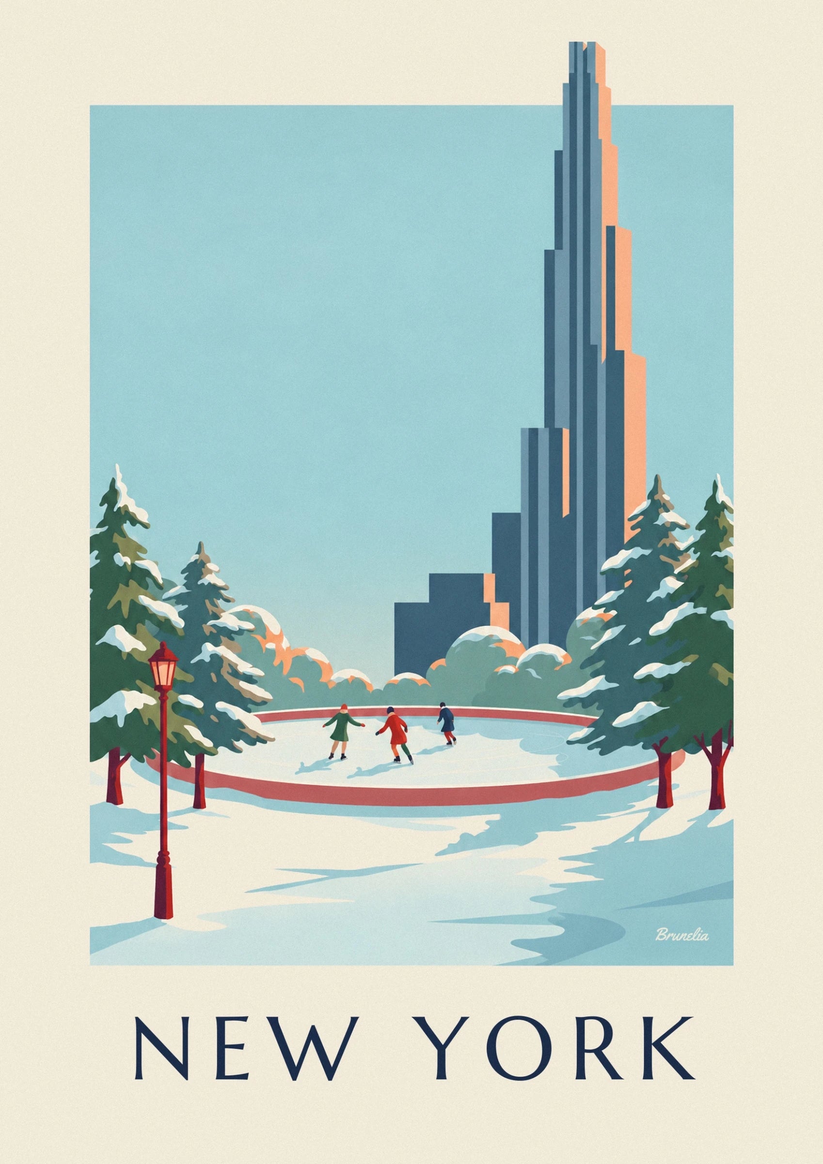 Les 3 patineurs en manteaux vert, rouge et bleu sur la patinoire enneigée
