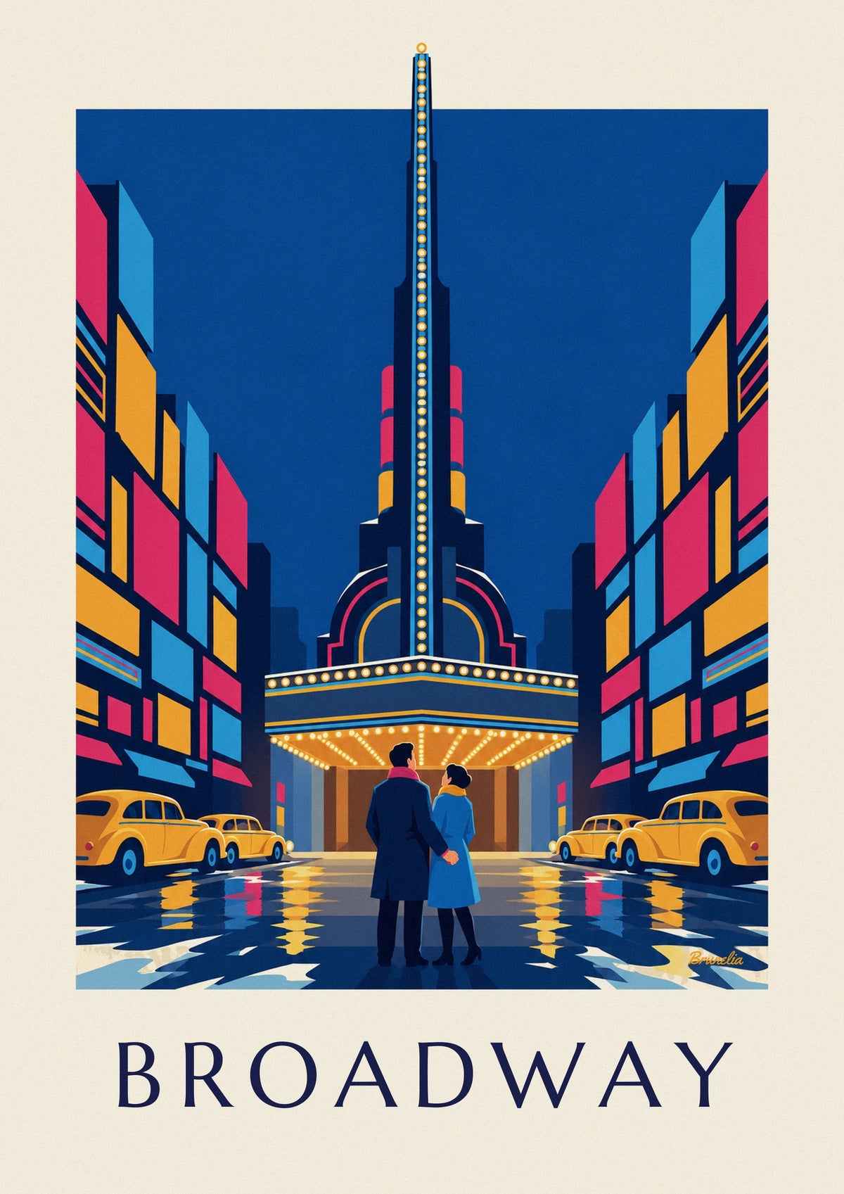Affiche couple devant un théâtre illuminé de Broadway la nuit