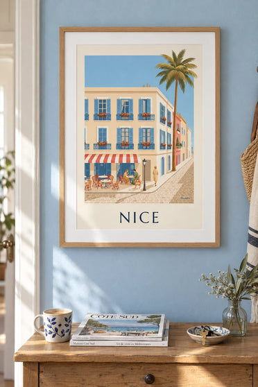 Affiche terrasse et balcons en fer forgé à Nice : encadrée au mur