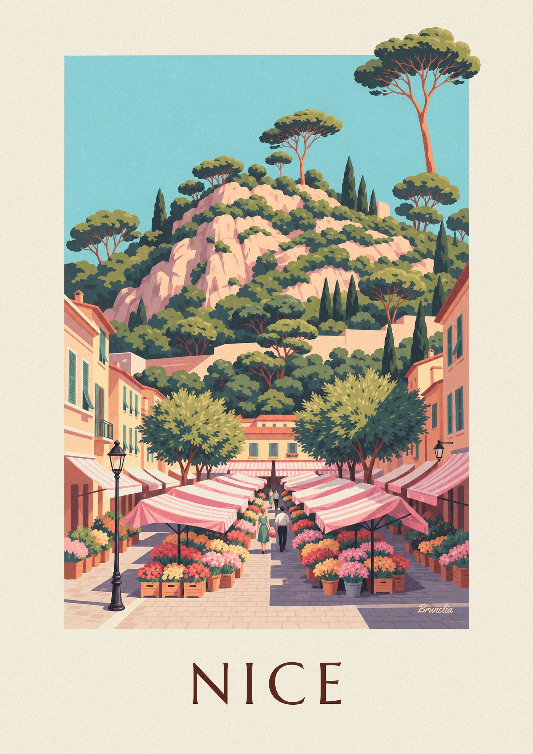Pink and orange bouquets beneath the striped parasols of the flower market