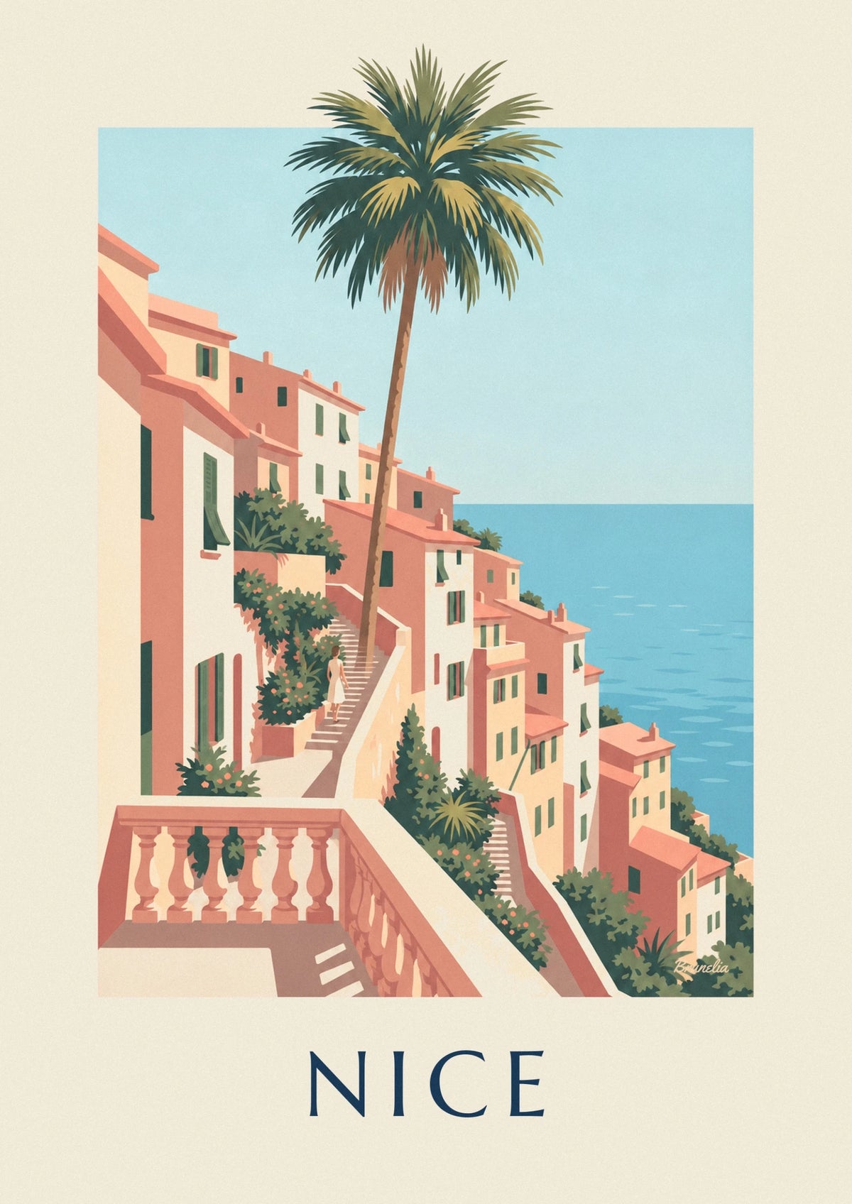 Affiche maisons ocre et mer azur sur les collines de Nice