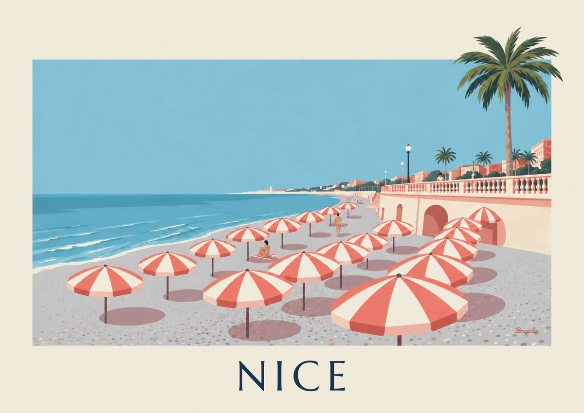 Affiche parasols rayés sur la plage de Nice, baie des Anges