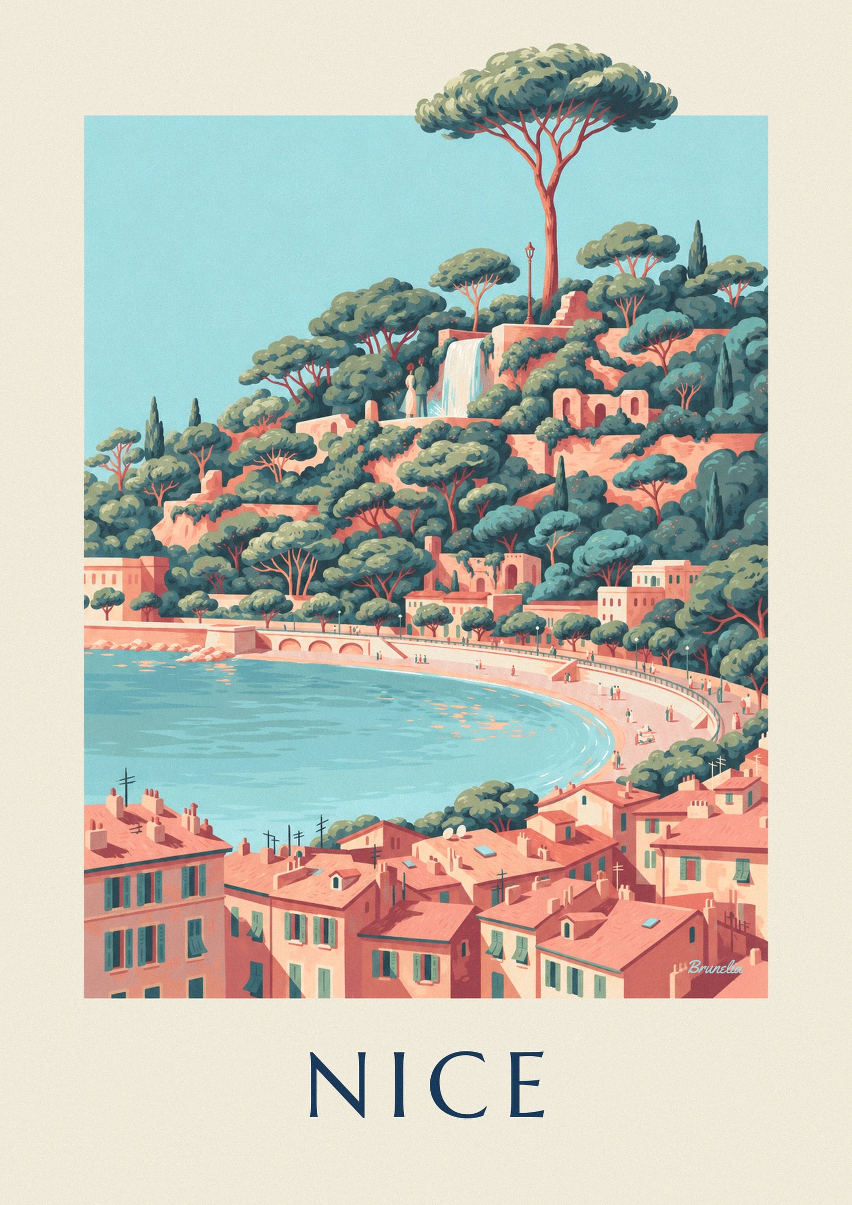 The waterfall between pink walls and pine trees, with 2 walkers on the terrace