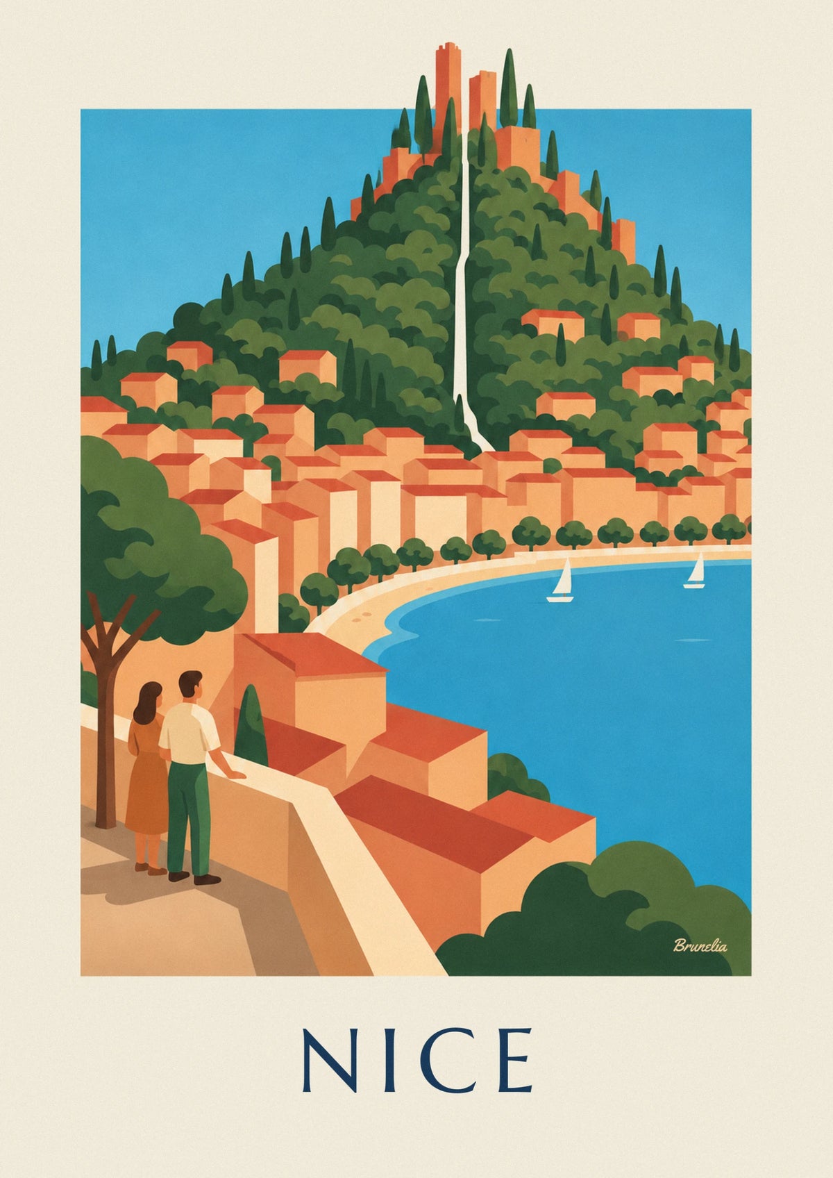 Affiche cascade de la colline du Château et baie des Anges à Nice