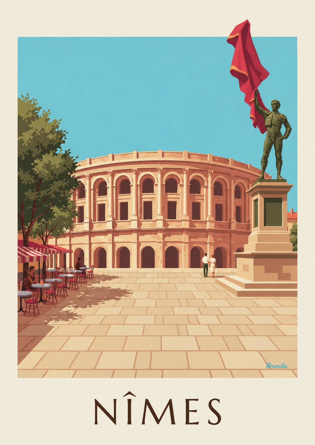 Affiche arènes de Nîmes et statue de Nimeño II un jour de feria