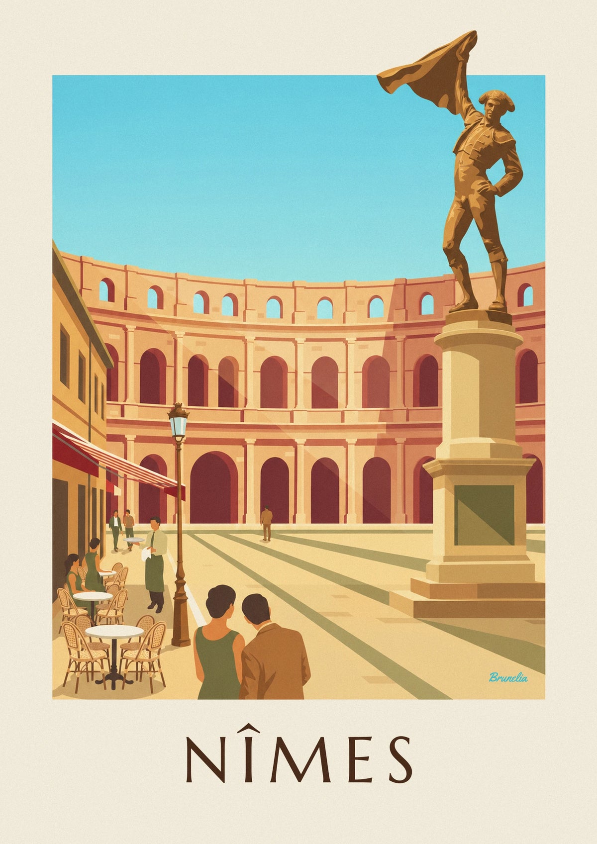 Affiche arènes de Nîmes et statue de Nimeño II un jour de feria
