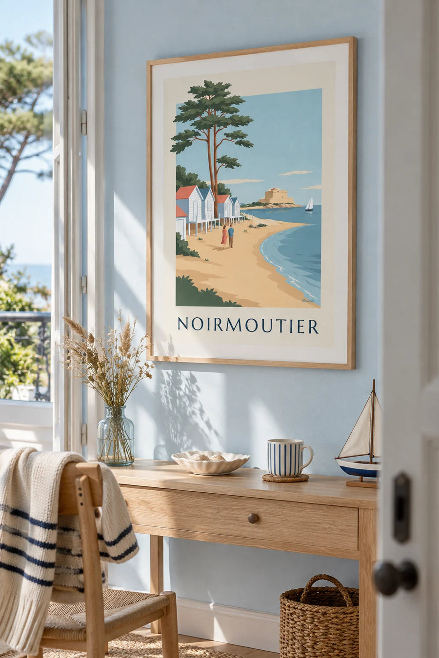 Affiche cabanes de plage de l'Anse Rouge à Noirmoutier : encadrée au mur