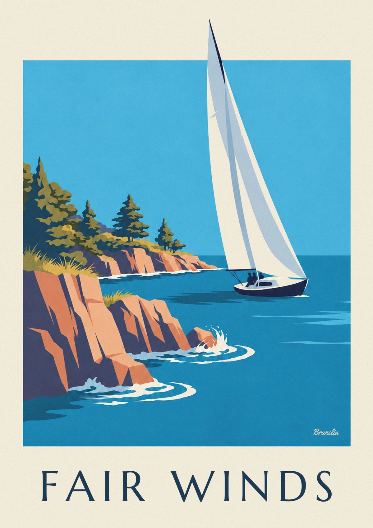 Affiche côte rocheuse et voilier dans la brise